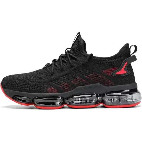 Men's Black Red Running Shoes Air Cushion Slip on Walking Tennis Sneakers